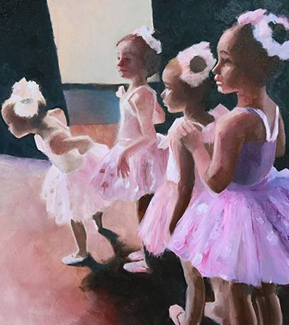 Bức tranh 'Waiting in the Wings' của Catherine Kauffman: bốn nữ diễn viên ballet trẻ đang chờ đợi ở phía sau sân khấu để biểu diễn.