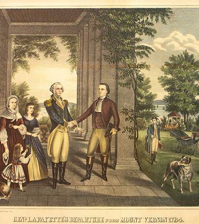 Một bản thạch bản về lời tạm biệt cuối cùng của George Washington và Tướng Hầu tước de Lafayette.