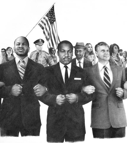 Một bức vẽ chì đen trắng về Martin Luther King Jr. cùng những người đàn ông và phụ nữ nắm tay nhau tạo thành một vòng tròn với lá cờ Hoa Kỳ ở phía sau.