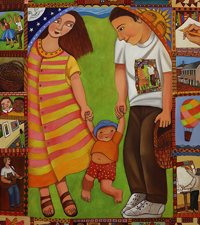 Một bức tranh của một người mẹ và một người cha đang chơi với con của họ bên ngoài.