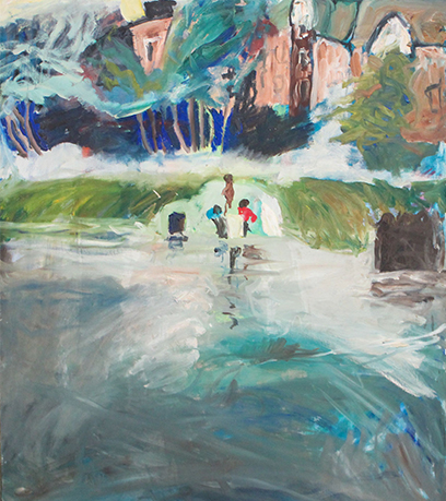 Bức tranh vẽ ba đứa trẻ đang chơi đùa dưới nước.